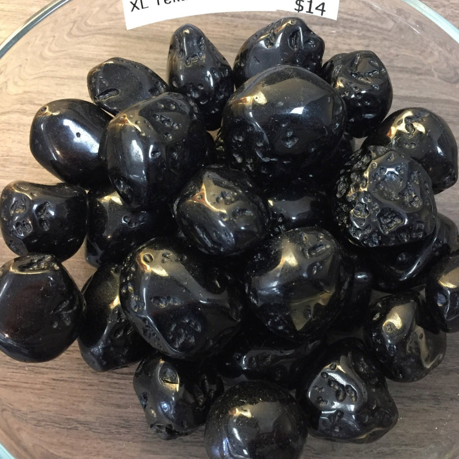 Black glossy Tektite Meteorite Tumbled #T378 with textured surfaces clustered together