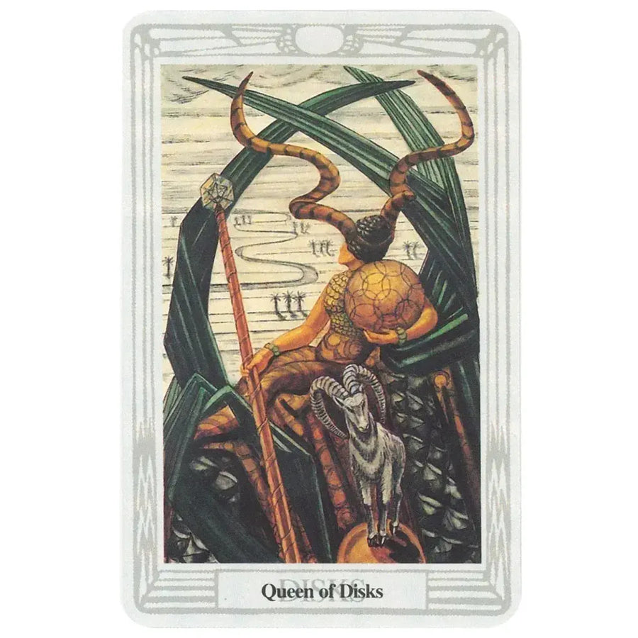Queen of disks tarot card from thoth tarot deck small by aleister crowley featuring figure with horned headdress and staff