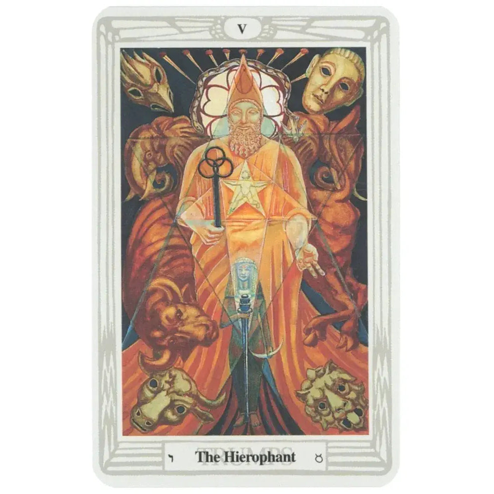 The hierophant tarot card from thoth tarot deck small features a central figure in orange robe holding a key with masks