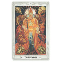 The hierophant tarot card from thoth tarot deck small features a central figure in orange robe holding a key with masks