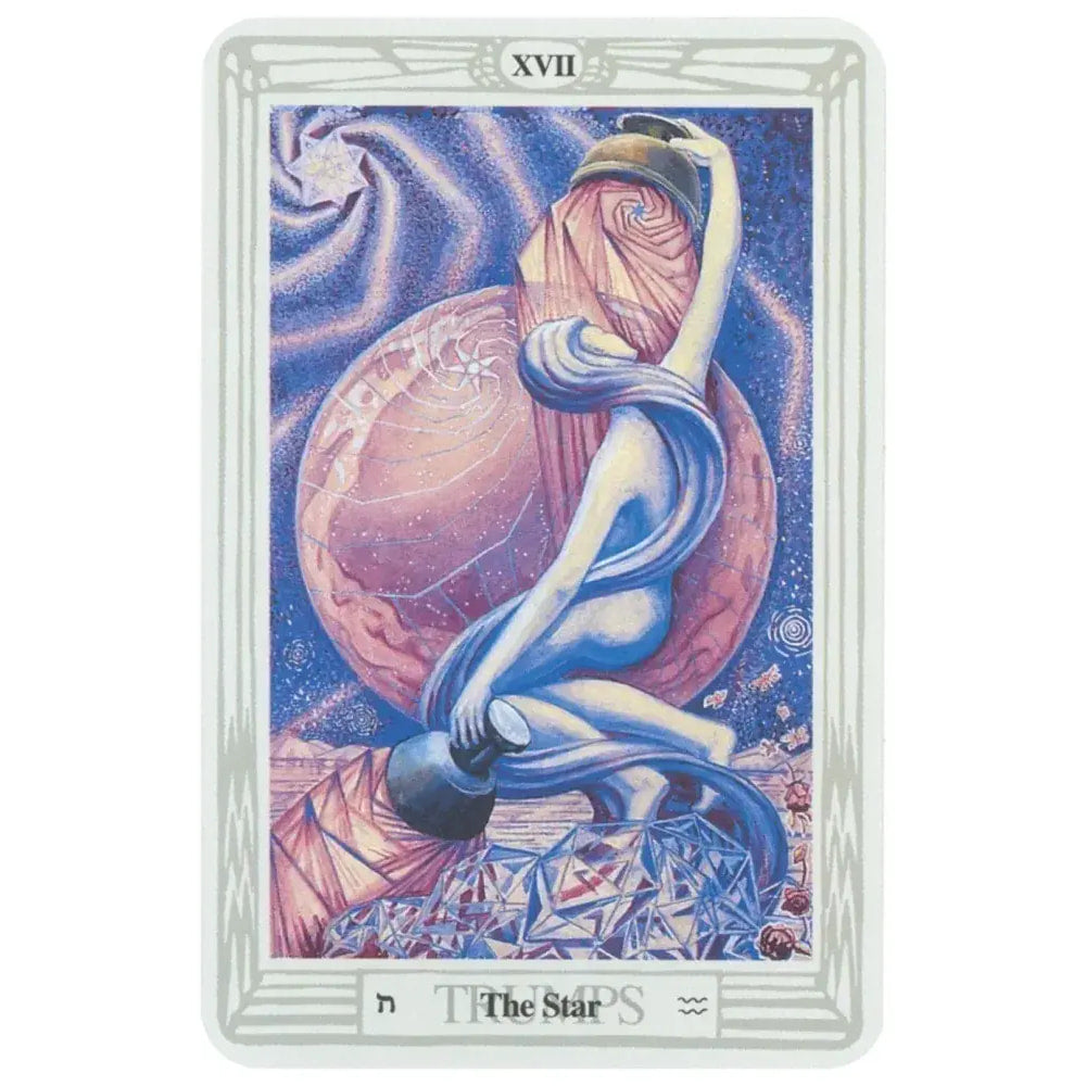 The star tarot card from thoth tarot deck small by aleister crowley features a serene figure in blue and white robes holding a lantern against a cosmic purple backdrop