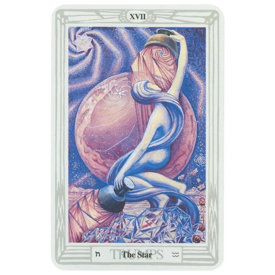The star tarot card from thoth tarot deck small by aleister crowley features a serene figure in blue and white robes holding a lantern against a cosmic purple backdrop