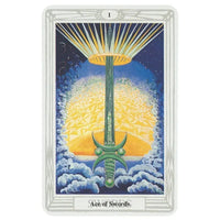 The ace of swords card from the thoth tarot deck small by aleister crowley features a green sword with ornate hilt and golden clouds background