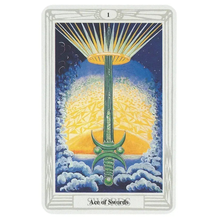 The ace of swords card from the thoth tarot deck small by aleister crowley features a green sword with ornate hilt and golden clouds background