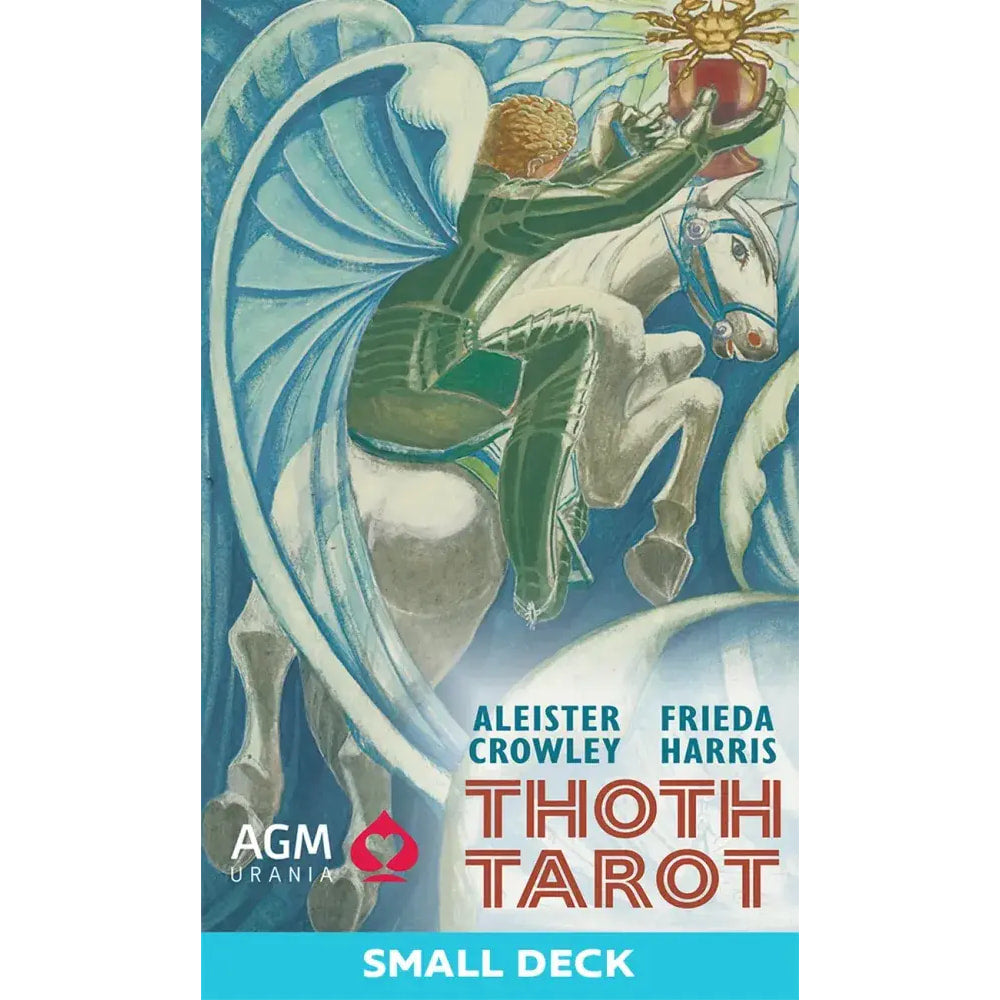 Thoth tarot deck small by aleister crowley showing a green-clad angelic figure on a white horse card