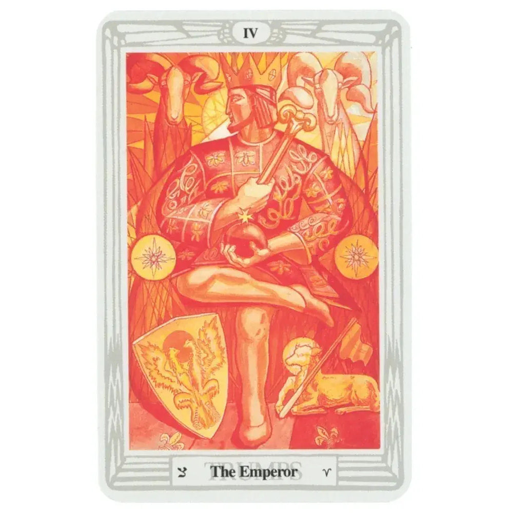 The emperor tarot card from thoth tarot deck small by aleister crowley features a regal figure in ornate red and gold armor seated on a throne flanked by ram creatures