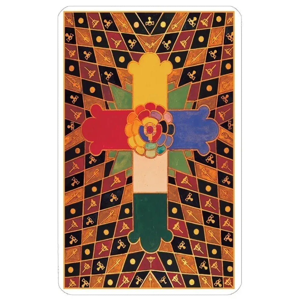 A vibrant ornate playing card from the thoth tarot deck small by aleister crowley featuring a colorful floral cross