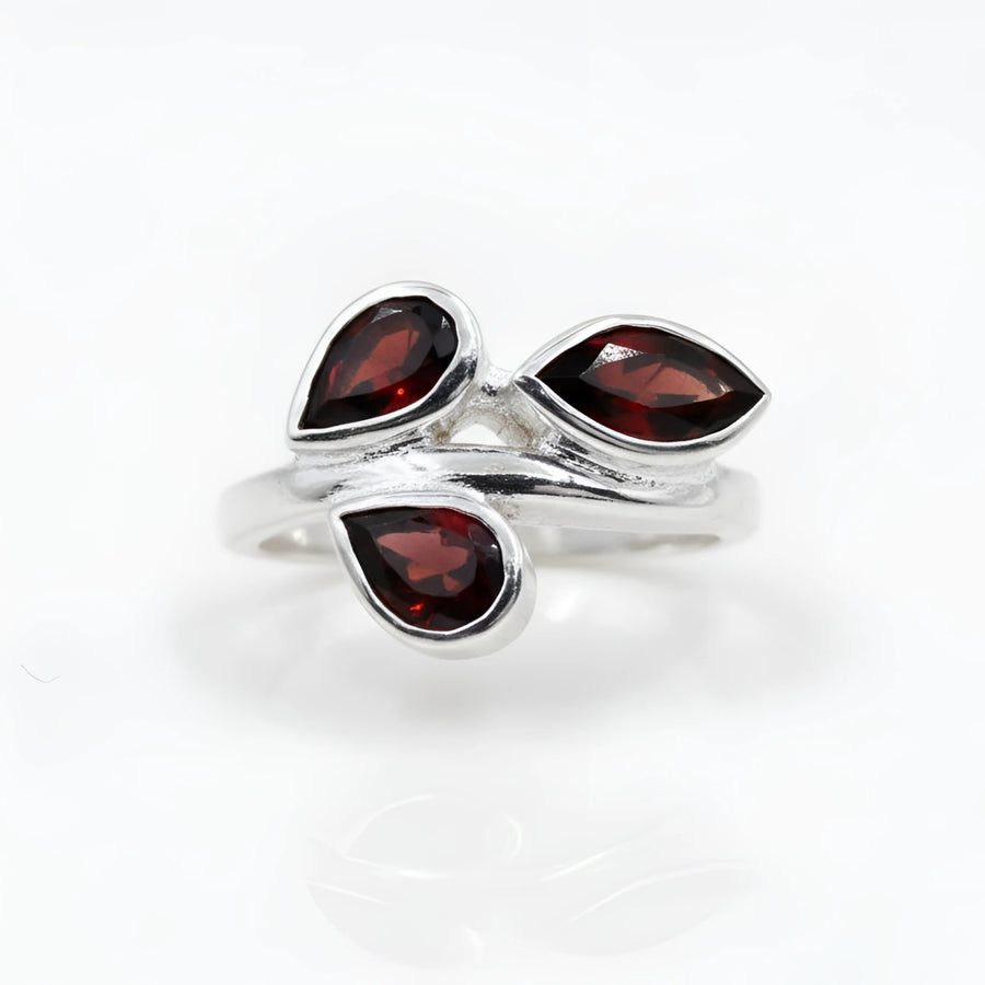 Sterling silver ring with three teardrop garnet stones in leaf design #BC0405