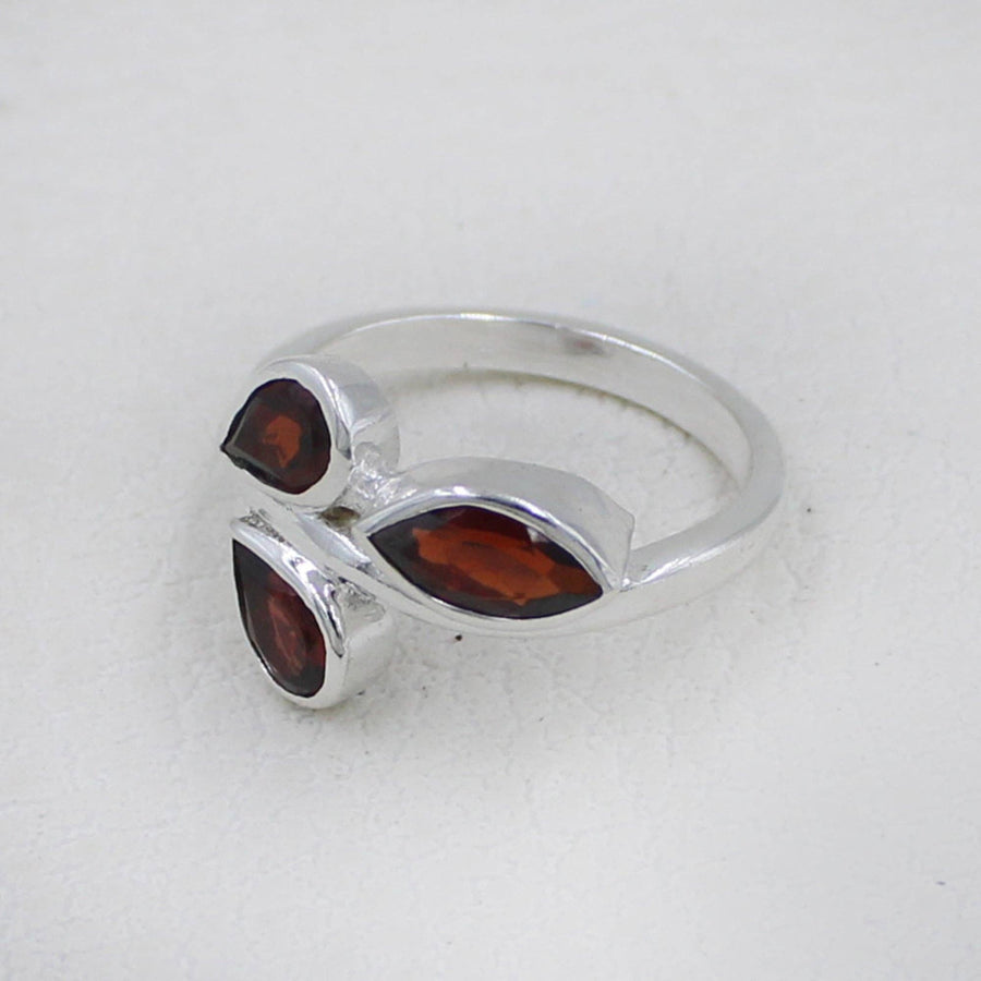 Sterling silver three-stone marquise garnet leaf ring #BC0405