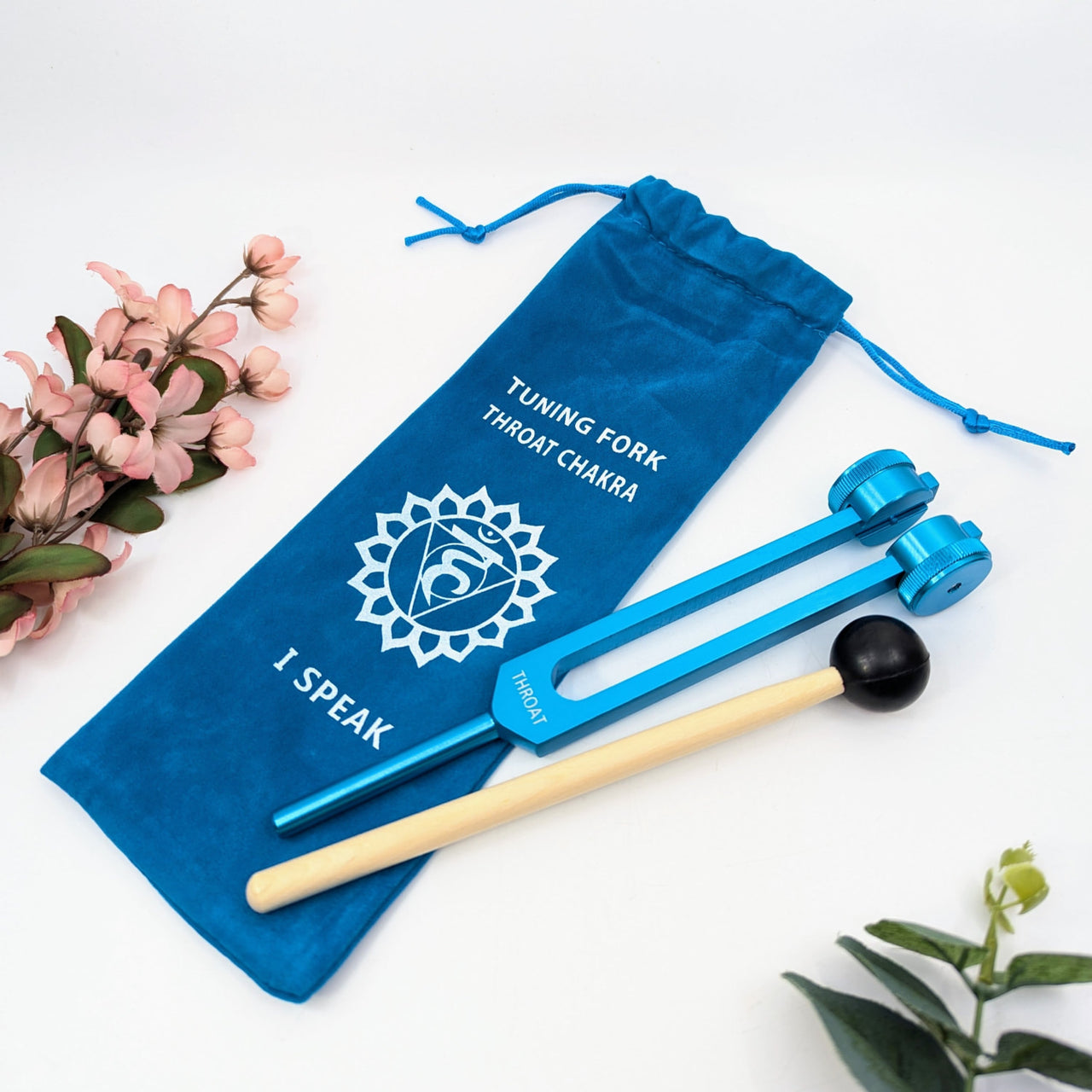 Blue Throat Chakra Tuning Fork with Mallet and Pouch for Sound Healing Therapy