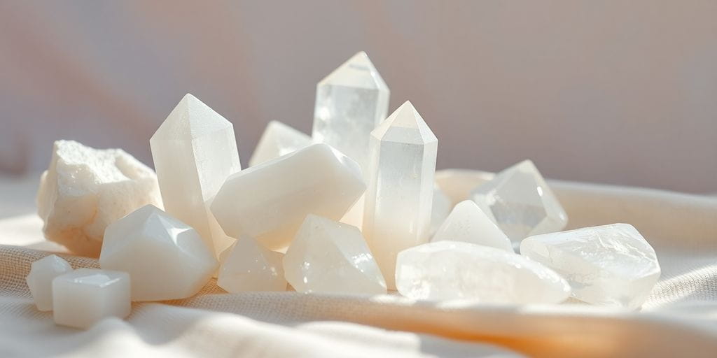 Various blue crystals on a soft white background.