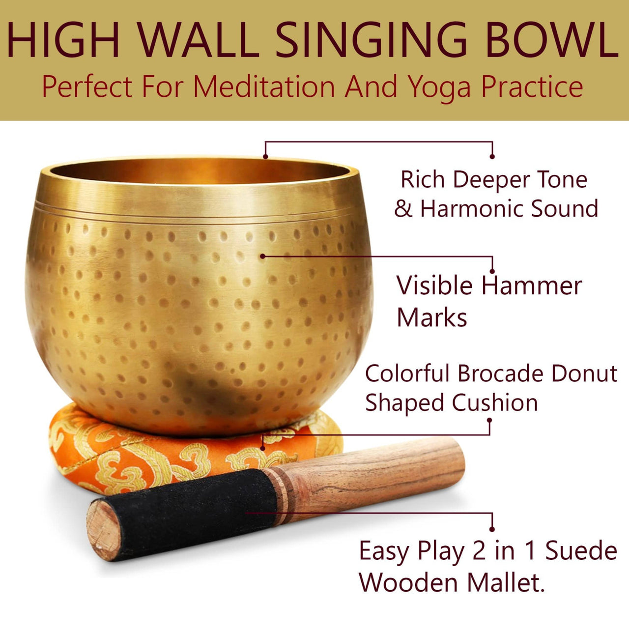 Tibetan Brass Gong Meditation Singing Bowl Set with Mallet and Cushion