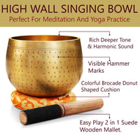 Tibetan Brass Gong Meditation Singing Bowl Set with Mallet and Cushion