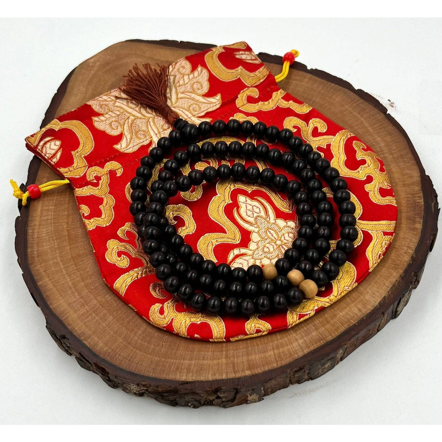 Black beaded Mala necklace with red and gold silk pouch Tibetan Buddhist Sandal Wood Rosary