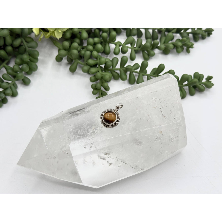 Tiger Eye Circle Gemstone Pendant in Sterling Silver 925 with Clear Quartz