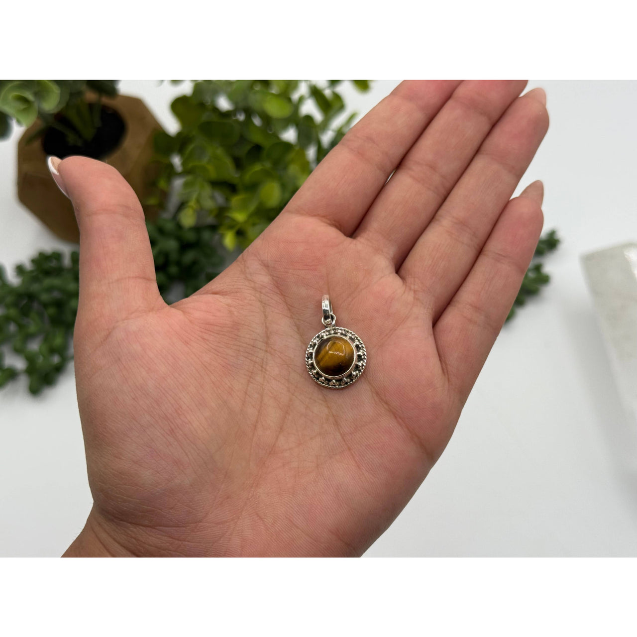 Tiger Eye Circle Gemstone Pendant Necklace with Sterling Silver Accents