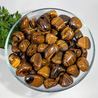 Polished tiger eye tumbled stones in glass bowl, 0.8-1 inch, #BC0638