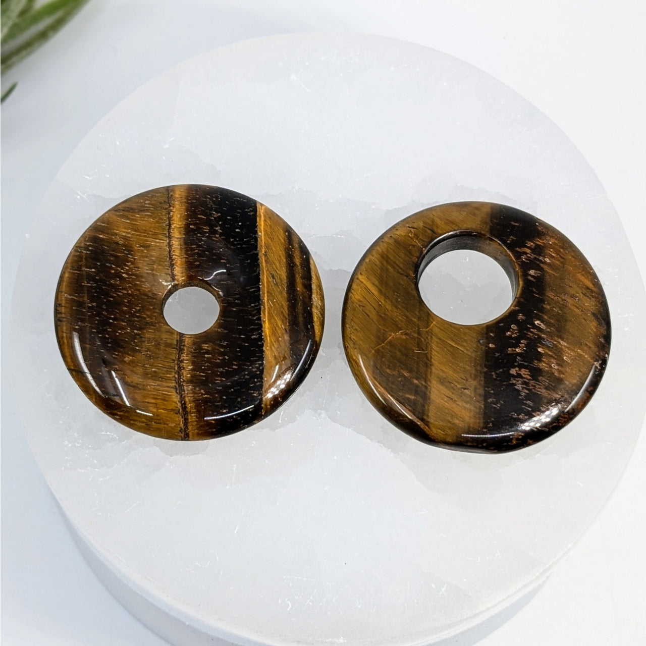 Two polished tiger’s eye stone donuts with center holes for jewelry making