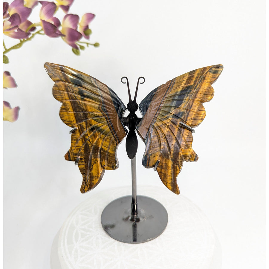 Tiger’s Eye butterfly sculpture from Bliss Crystals on stand in Tiger’s Eye for elegance