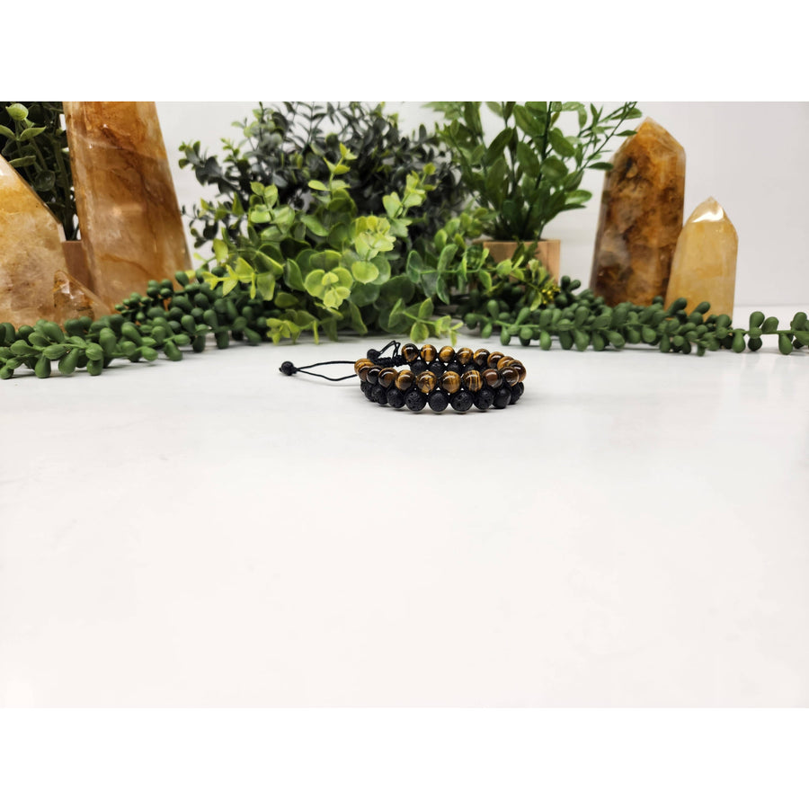 Two-strand beaded bracelet featuring Tiger’s Eye and Black Lava woven design