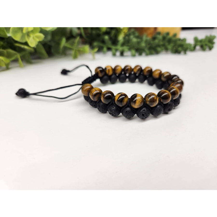 Two-strand beaded bracelet with Tiger’s Eye and Black Lava woven beads adjustable fit