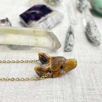 Tiger’s Eye Carved Fox Head Pendant Necklace on Gold Chain #LV9098
