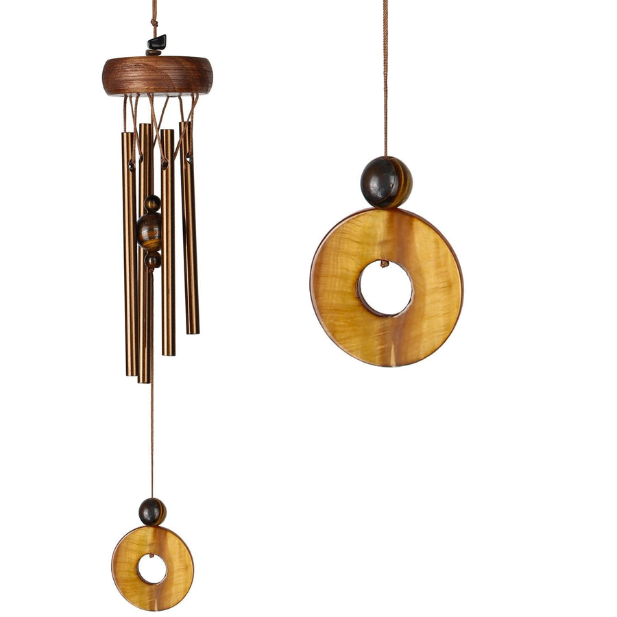 Tiger’s Eye Chime Woodstock PSTE: brown and gold wind chime with wooden beads and metal tubes