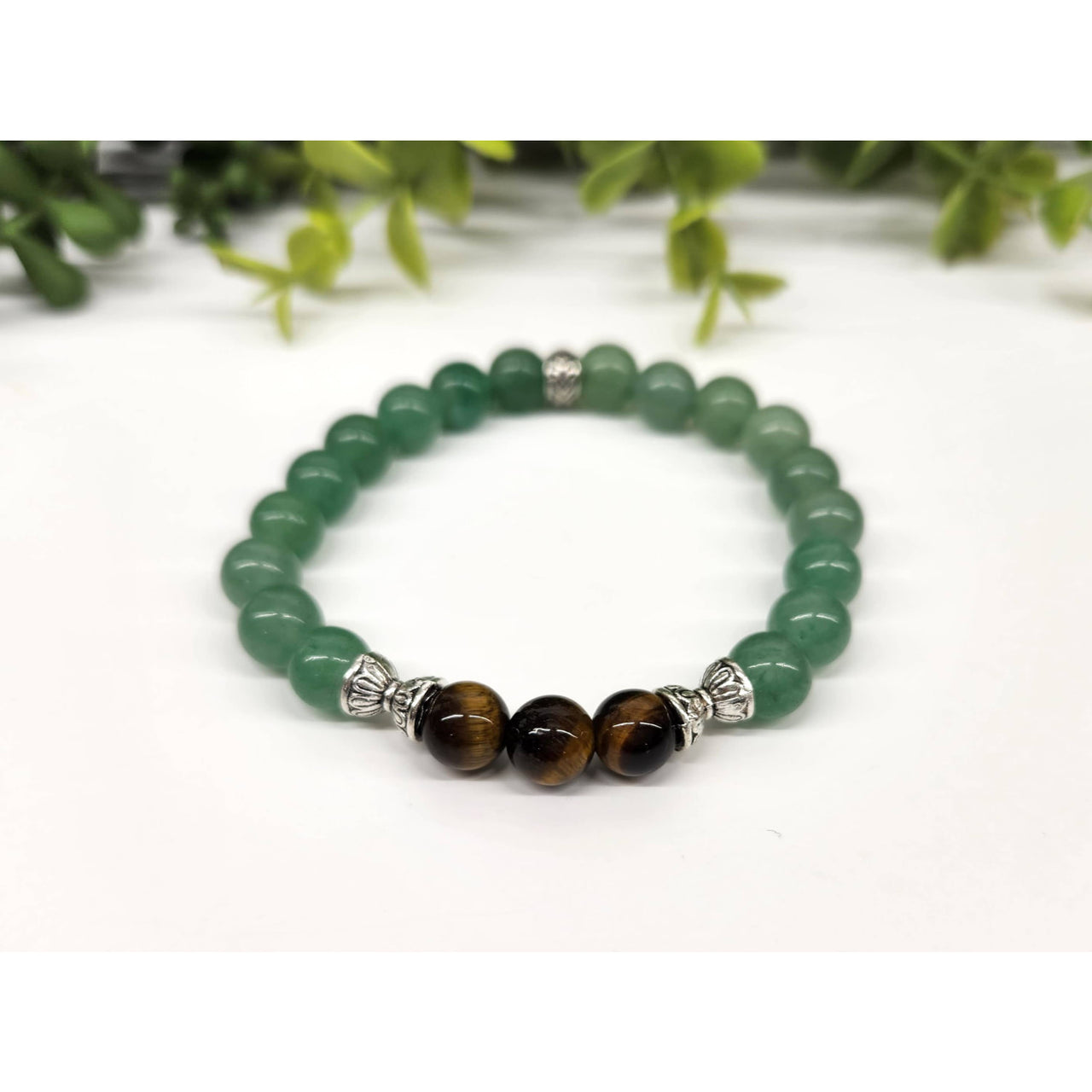Green and brown beaded bracelet featuring Tiger’s Eye and Green Aventurine gemstones