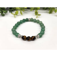 Green and brown beaded bracelet featuring Tiger’s Eye and Green Aventurine gemstones
