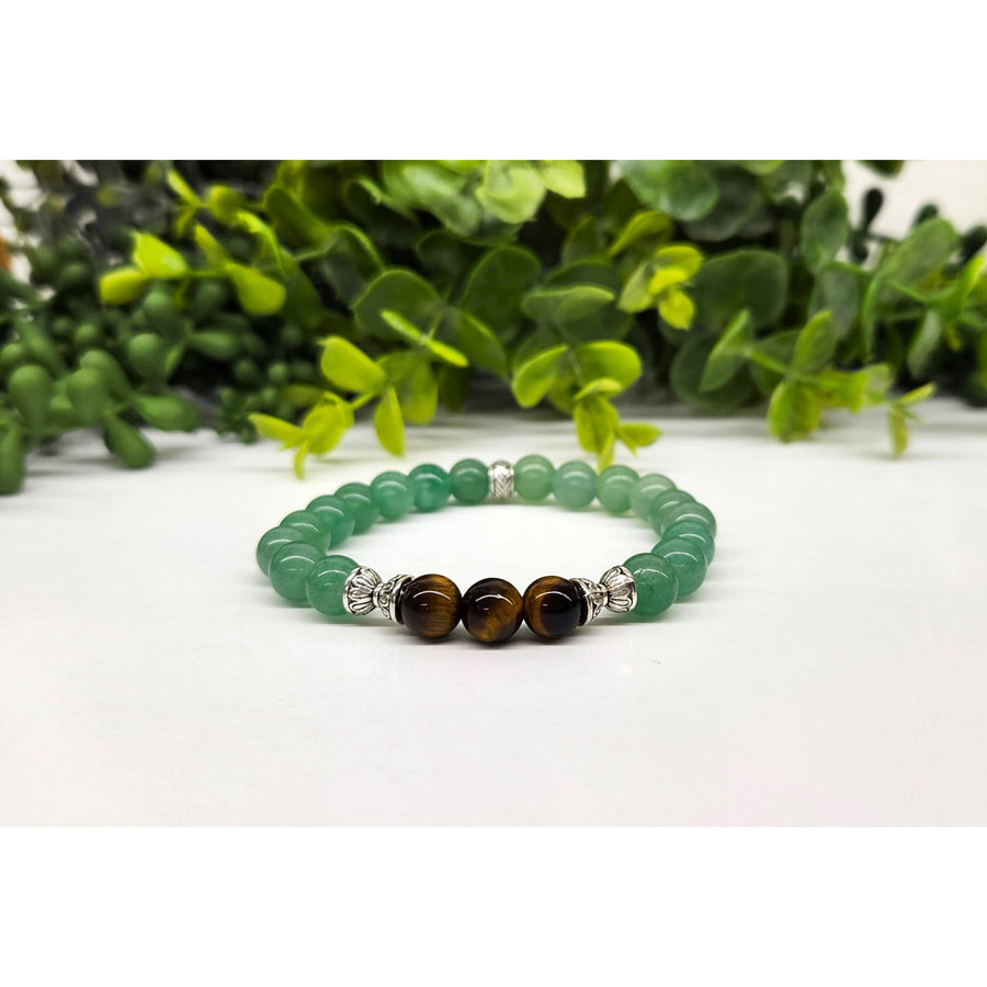 Green and brown beaded bracelet featuring Tiger’s Eye and Green Aventurine stones