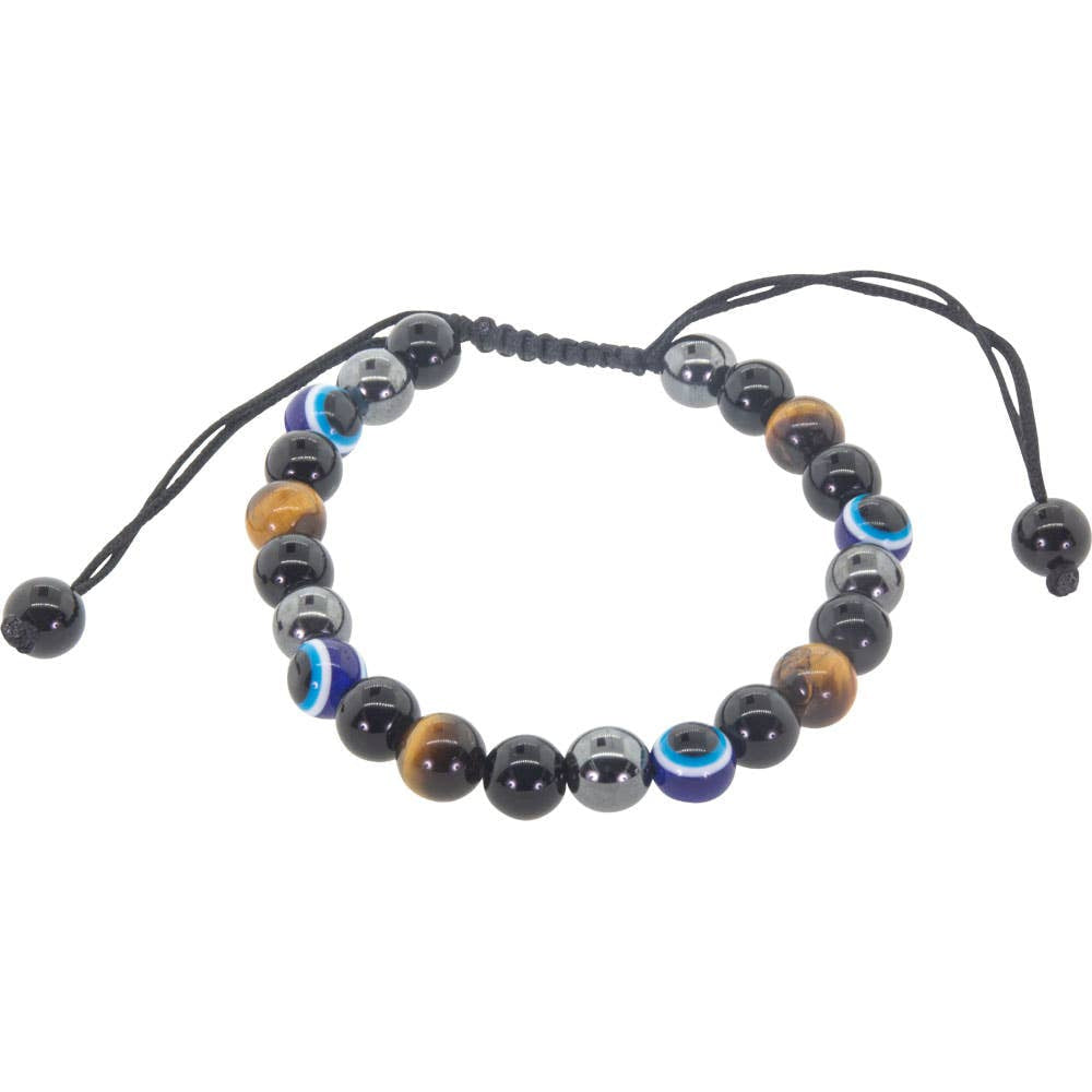 Tiger’s Eye and hematite adjustable evil eye bracelet with blue eye charms