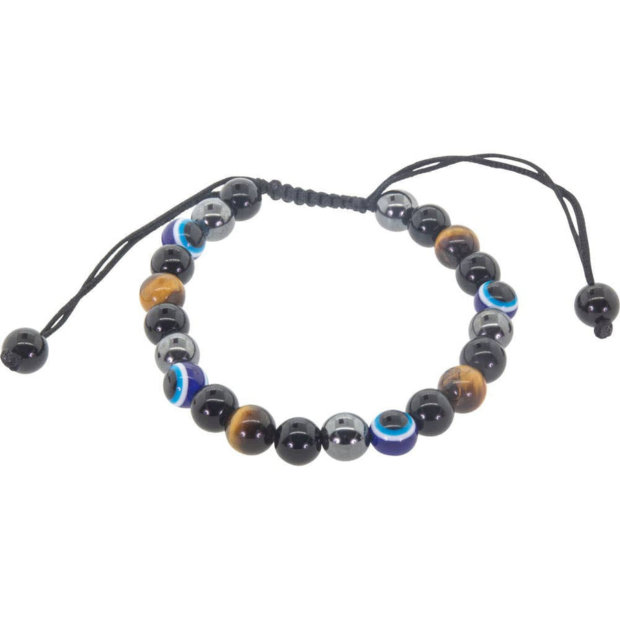 Tiger’s Eye and hematite adjustable evil eye bracelet with blue eye charms