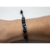 Black and blue evil eye bead bracelet with tiger’s eye, hematite, black cord