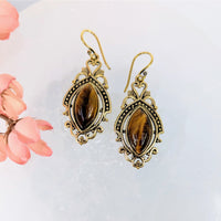 Tiger’s Eye Marquis 1.6’’ Brass Earrings #LV9842 - $36