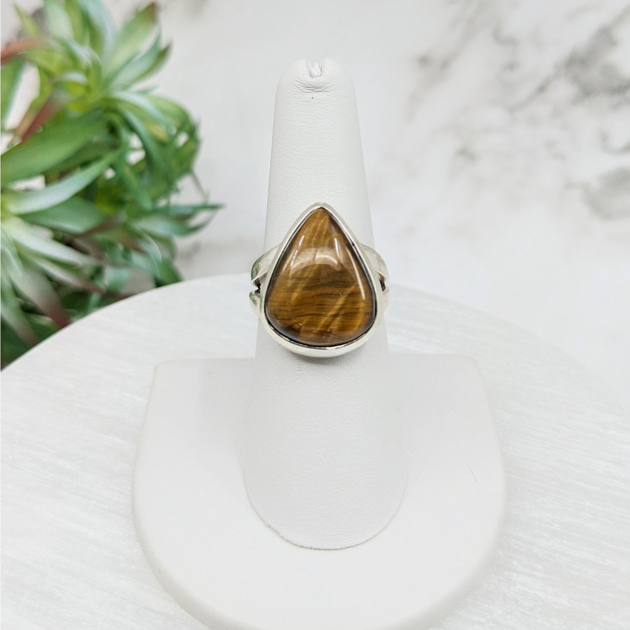 Tiger’s Eye Stone Ring Sz7 Teardrop S.S. Ring #LV5103 on White Pedestal - Tigers Eye Jewelry