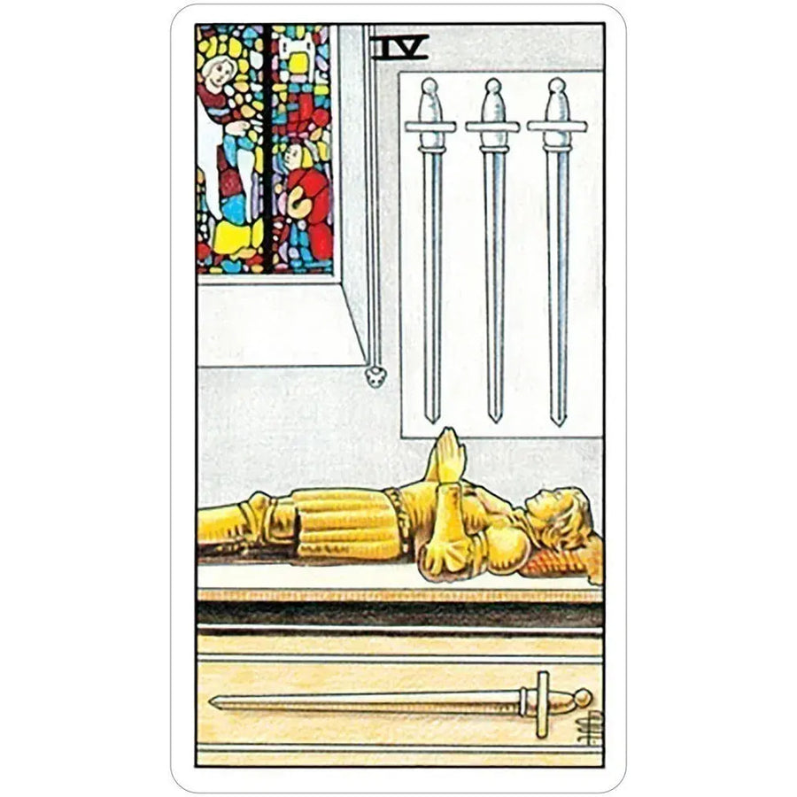 Tiny Universal Waite Tarot card featuring a person laying on a table, #TUW78