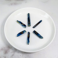 Thumbnail for Titanium Aura 6 Pack Quartz Point Drilled Bead #LV3606 on a White Plate with Blue and Yellow Beads