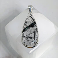 Thumbnail for Tourmalinated Quartz 1.7’ Pendant S.S. #LV3900: Silver pendant with black and white marble tear