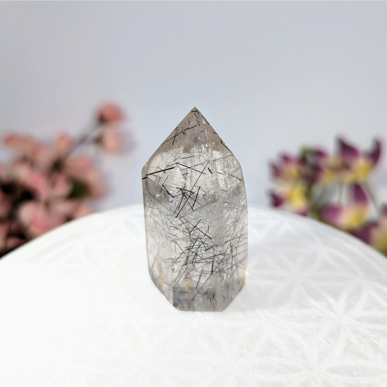 Tourmalinated Quartz 1.9 inch Mini Tower with Clear Quartz Point and Black Tourmaline Inclusions