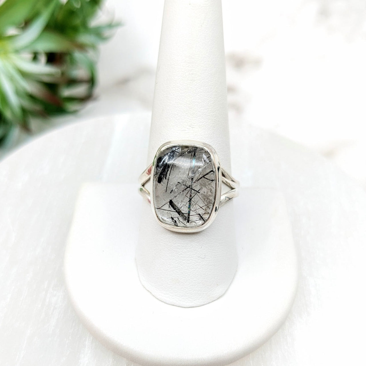 Tourmalinated Quartz Size 10 Rectangle Sterling Silver Ring with Black and White Marble