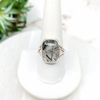 Thumbnail for Tourmalinated Quartz Size 10 Rectangle Sterling Silver Ring with Black and White Marble