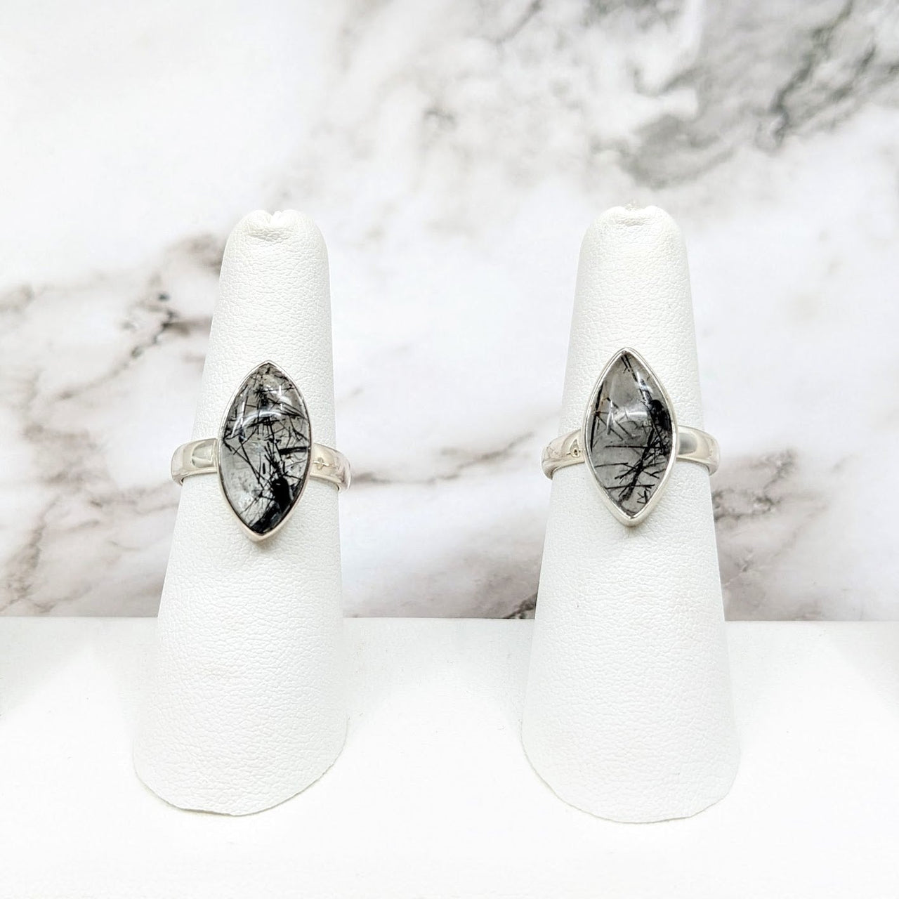 Tourmalinated Quartz diamond rings: elegant black and white designs for size 6, 7