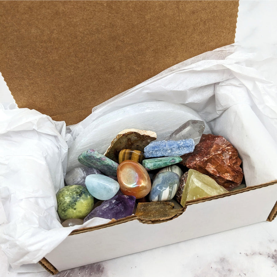 TREASURE BOX of mixed tumbled stones: small specimens, chips, shards, and irregular pieces