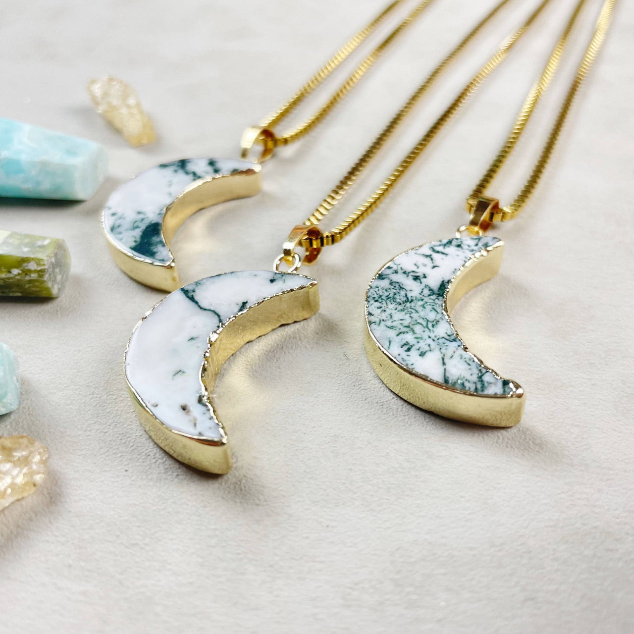 Tree Agate Crescent Moon 18’’ Gold Necklace with Marbled Inlays