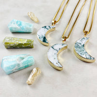 Elegant tree agate crescent moon pendant on 18’’ gold necklace #LV9398