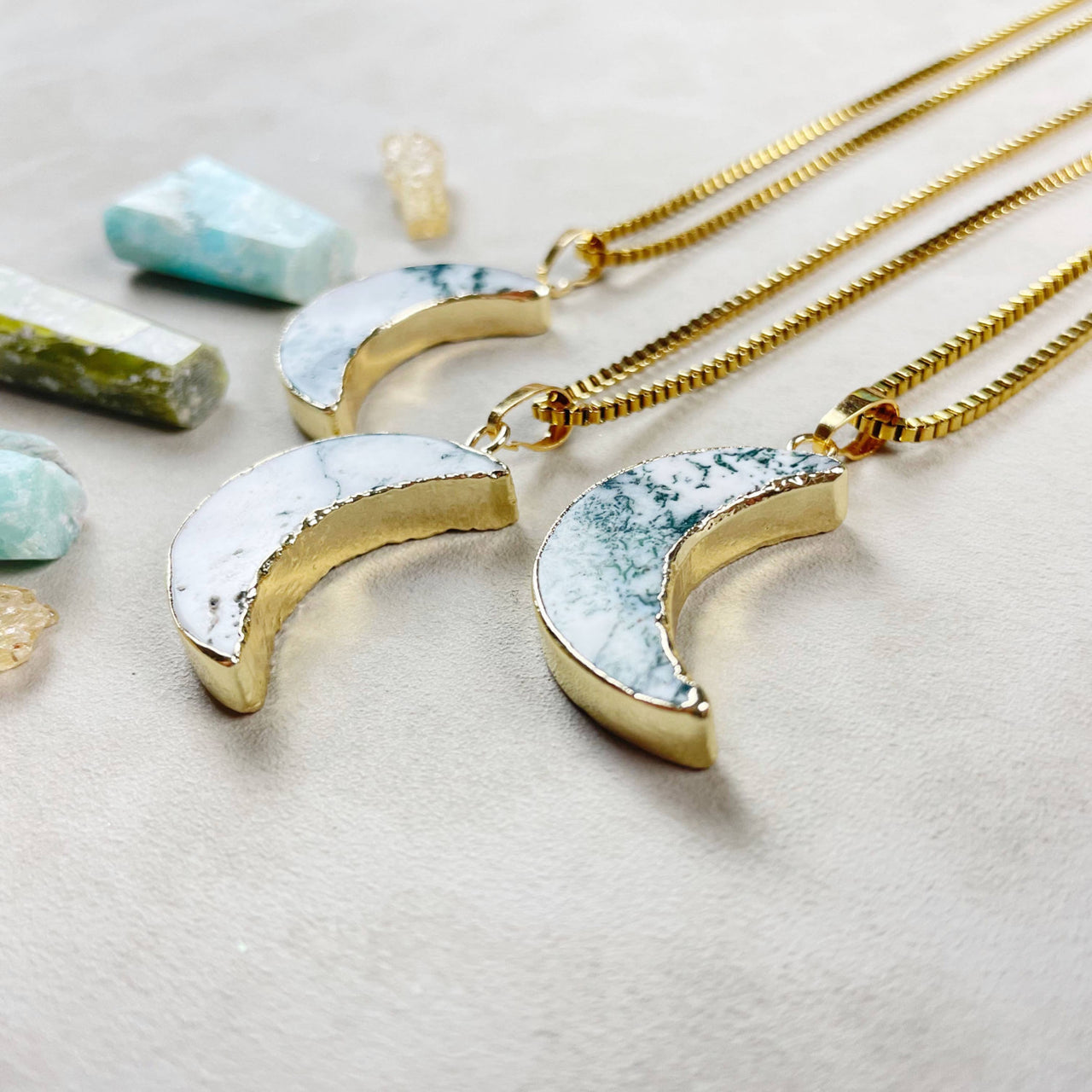 Elegant gold Tree Agate crescent moon necklace with marble inlay