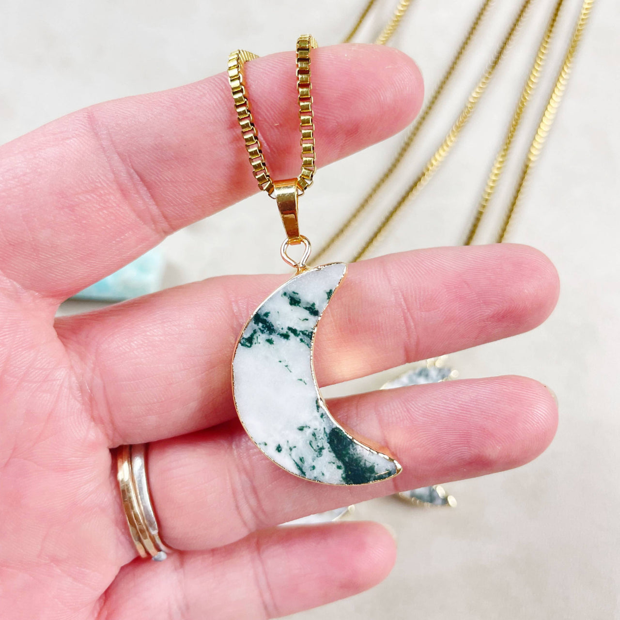 Tree Agate Crescent Moon 18’’ Gold Necklace #LV9398
