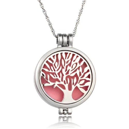 Silver tree-of-life locket with pink interior and cut-out design, LV9147