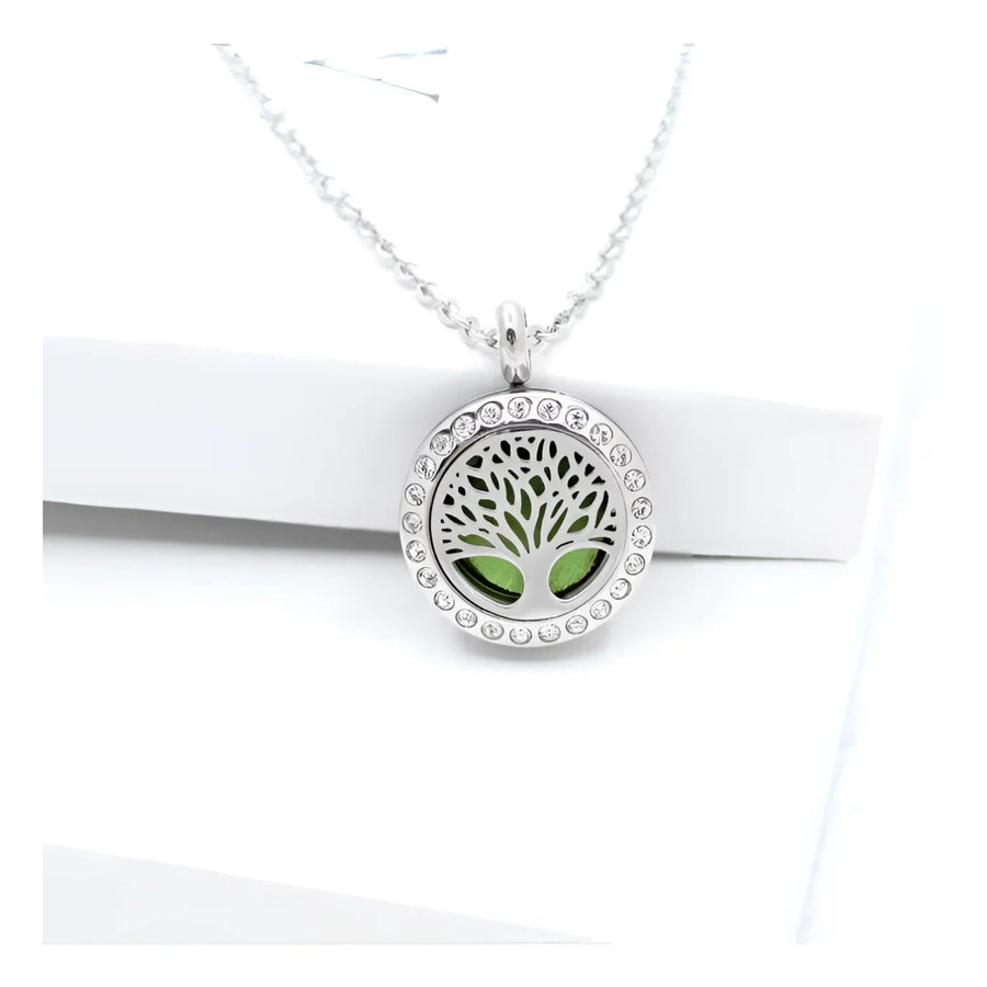 Tree of Life Aromatherapy Diffuser Necklace #P005605 in a gift box with a green tree inside