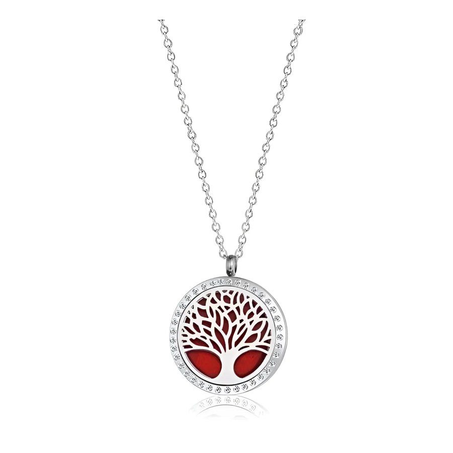 Tree of Life Aromatherapy Necklace with Gift Box: Red Pendant with White Crystals #P005605